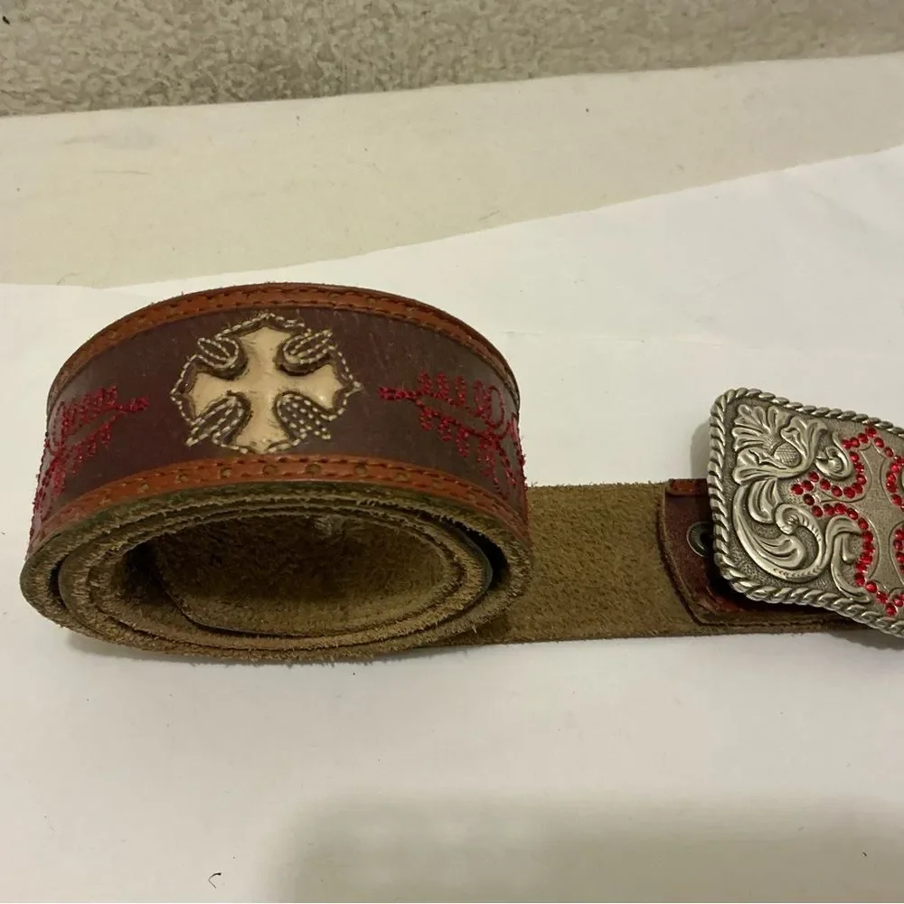 Enmon engraved rhinestone cross western Silver Buckle Belt with Red Accents